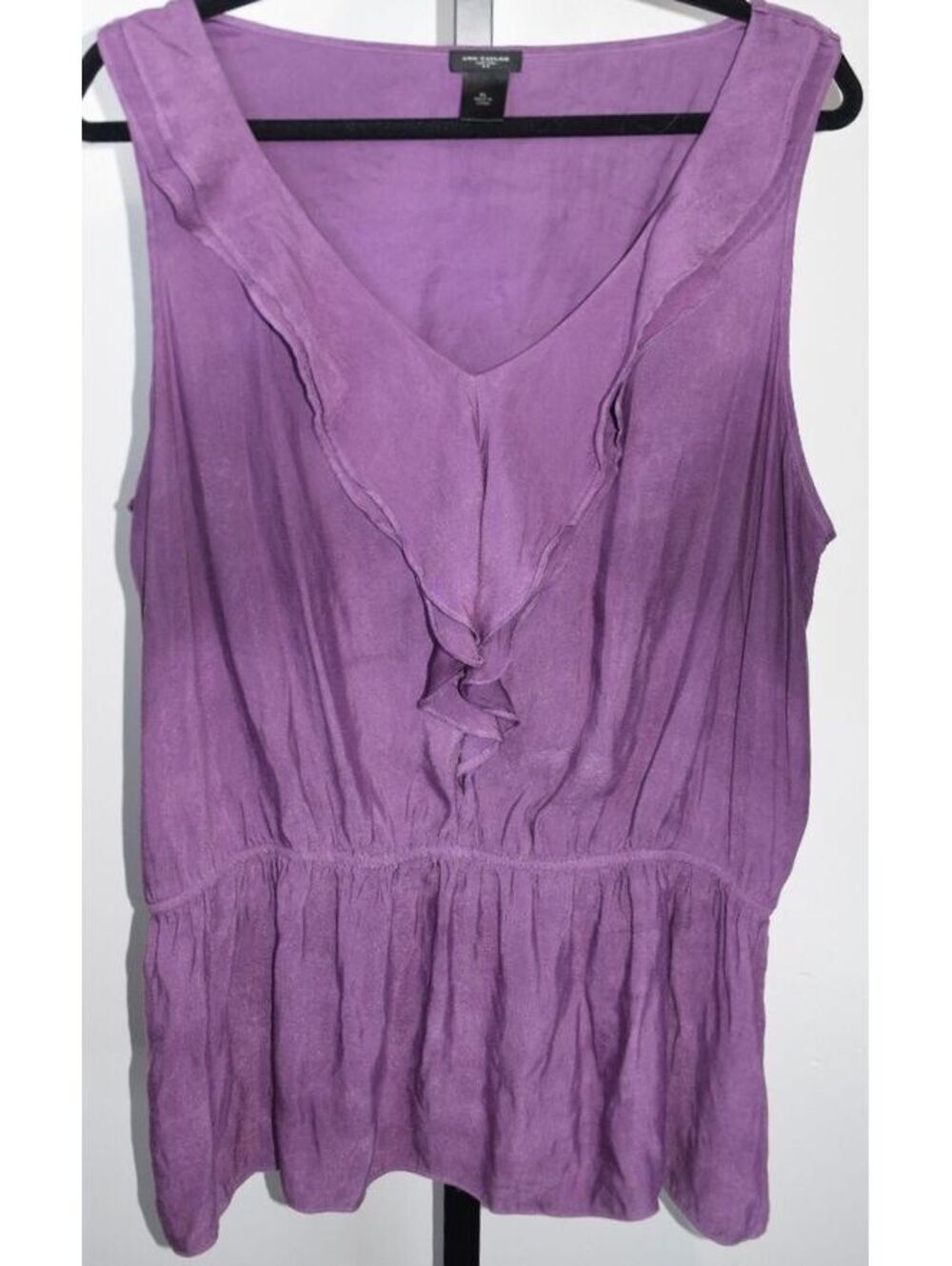 Ann Taylor Purple Silk Ruffle V Neck Sleeveless Peplum Top Womens XL Blouse